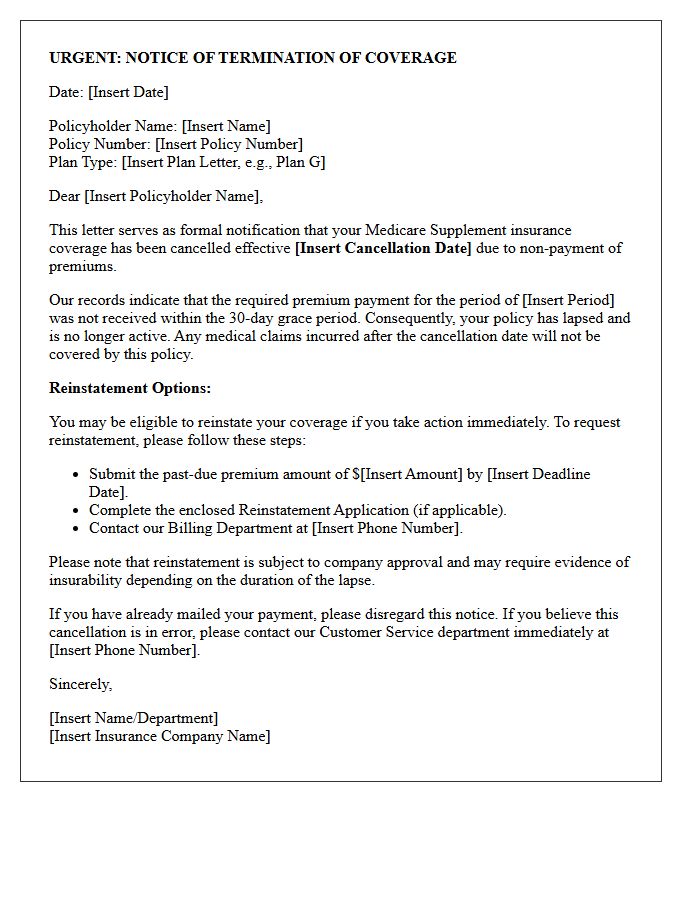 Medicare Supplement Notice of Cancellation and Lapse Letter