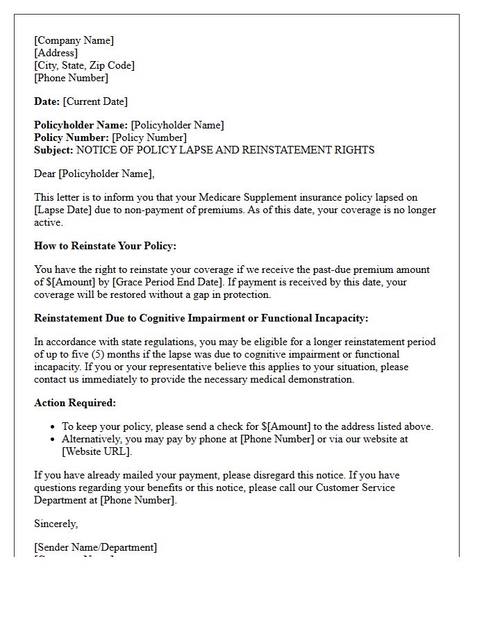 Notice of Medicare Supplement Policy Lapse and Reinstatement Letter