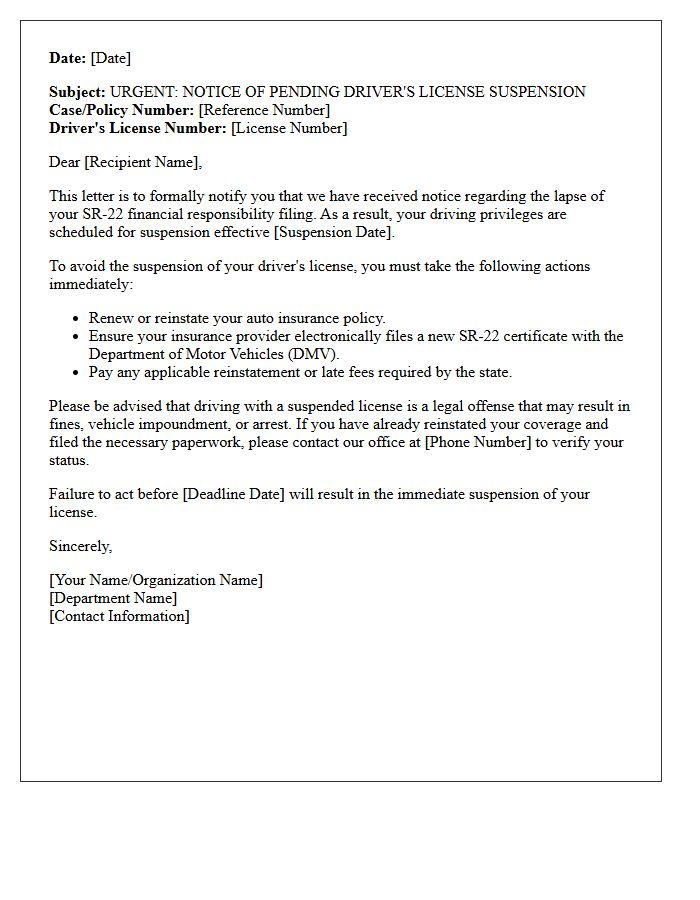 Pending License Suspension And SR-22 Lapse Notice Letter