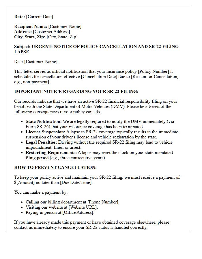 Policy Cancellation And SR-22 Filing Lapse Warning Letter