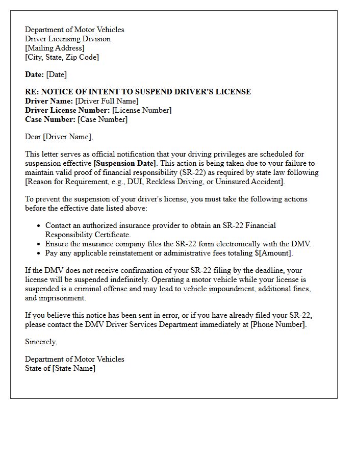 Department Of Motor Vehicles Notification And SR-22 Suspension Warning Letter