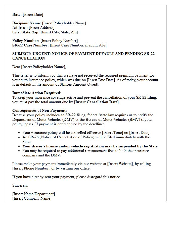Payment Default And SR-22 Suspension Warning Letter