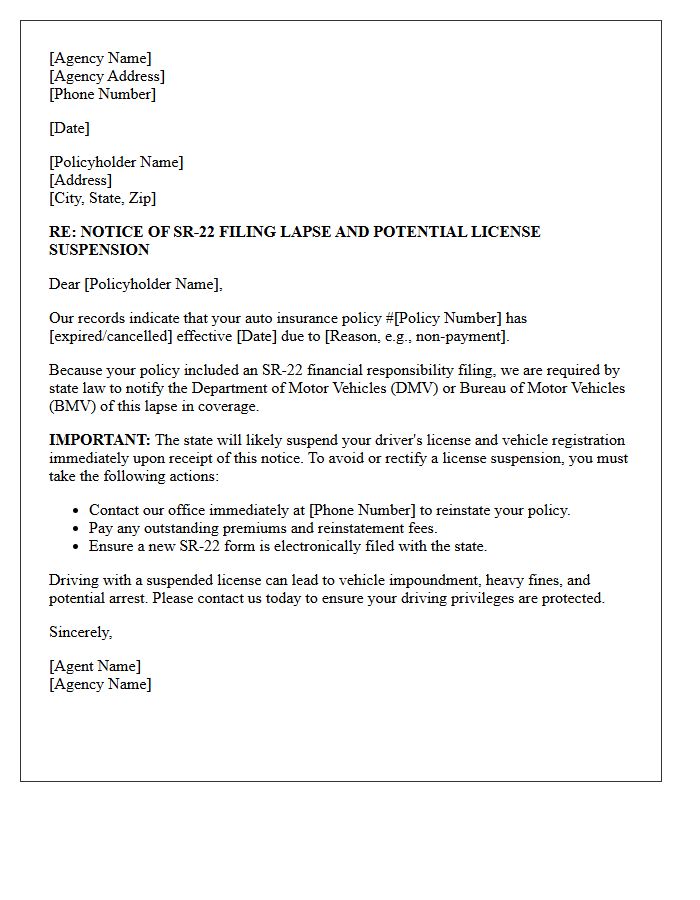 Insurance Agency SR-22 Lapse And Suspension Letter