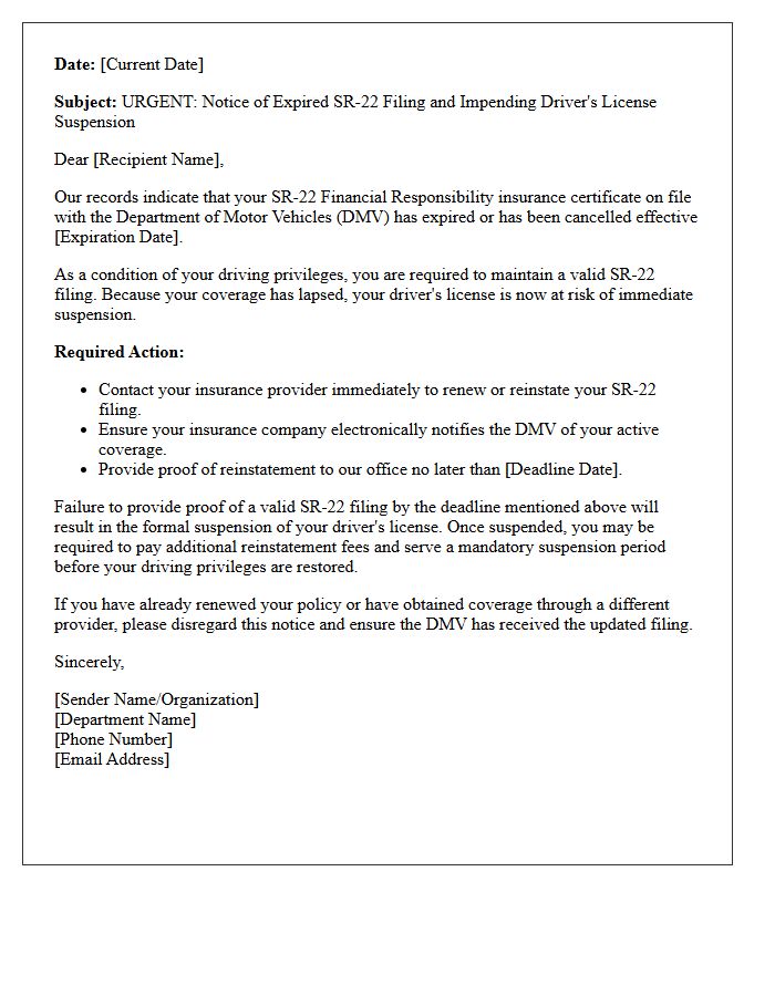 Expired SR-22 Filing And Suspension Warning Letter