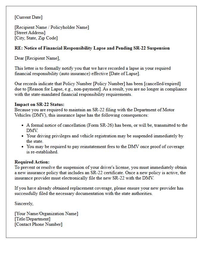 Financial Responsibility Lapse And SR-22 Suspension Letter