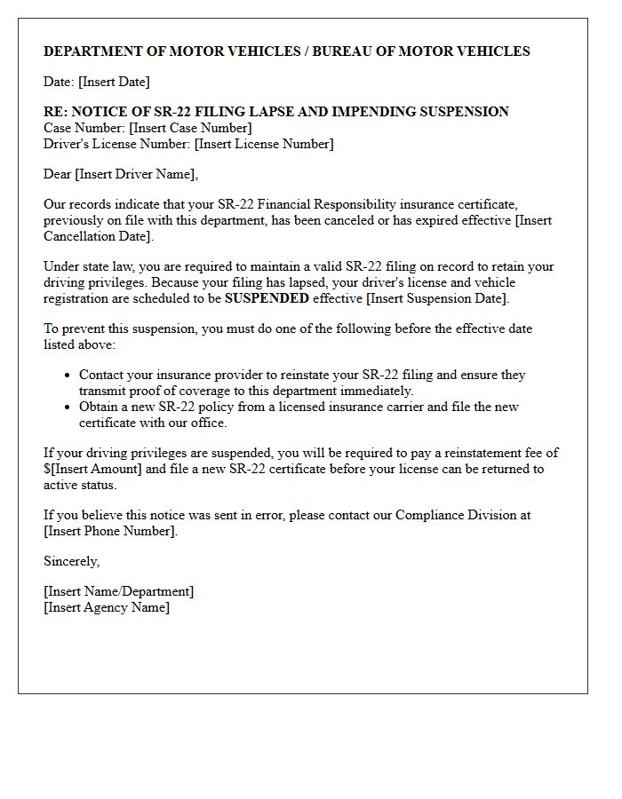 Notice Of SR-22 Filing Lapse And Impending Suspension Letter
