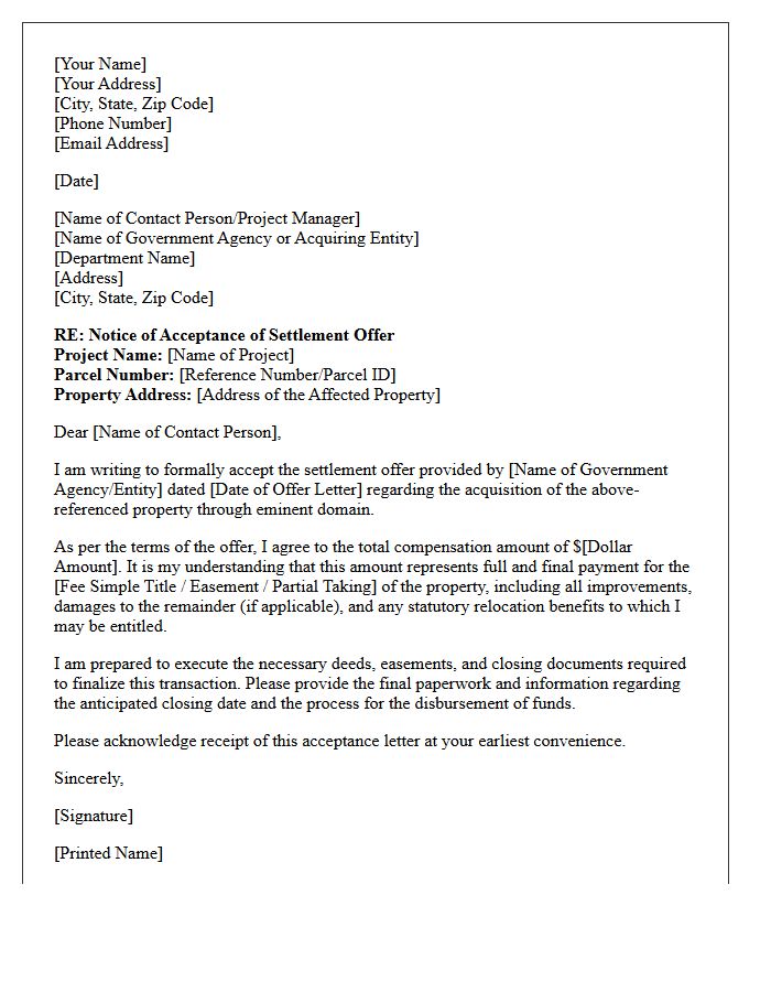 Eminent Domain Settlement Acceptance Letter