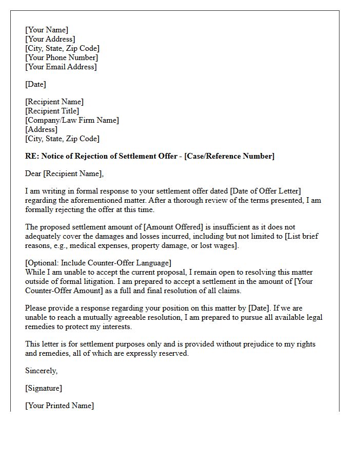 Formal Rejection of Settlement Offer Letter