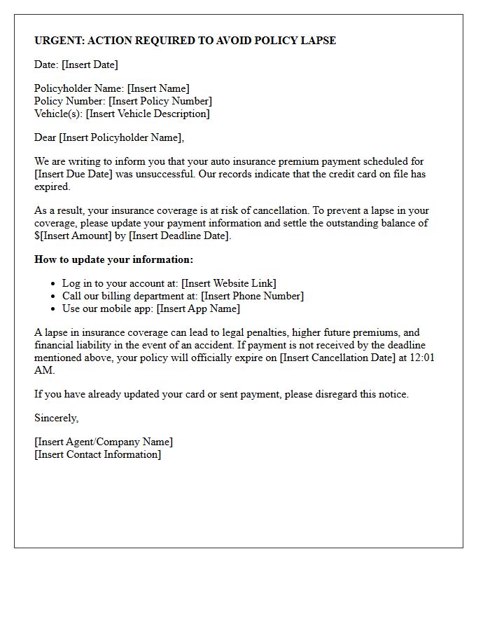 Auto Insurance Premium Lapse Warning Letter for Expired Credit Card
