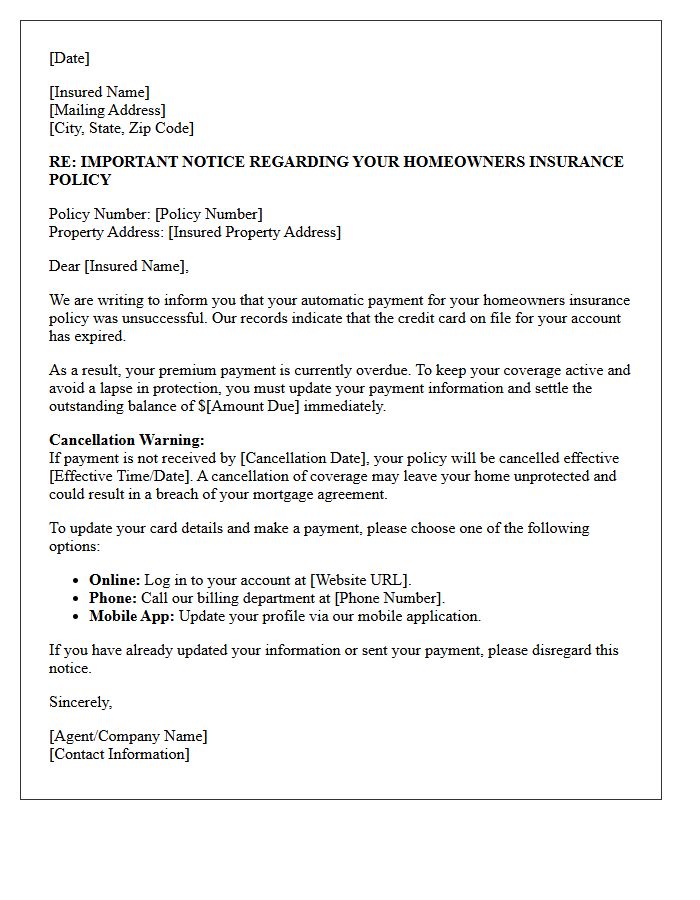 Homeowners Policy Cancellation Warning Letter Due to Expired Credit Card