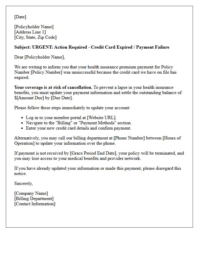Health Insurance Coverage Lapse Warning Letter for Expired Credit Card Update