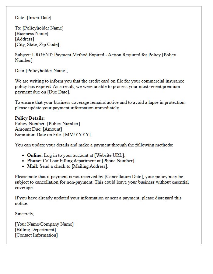 Commercial Business Policy Payment Lapse Warning Letter on Expired Credit Card