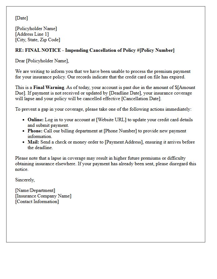 Final Warning Letter for Insurance Policy Lapse from Expired Credit Card