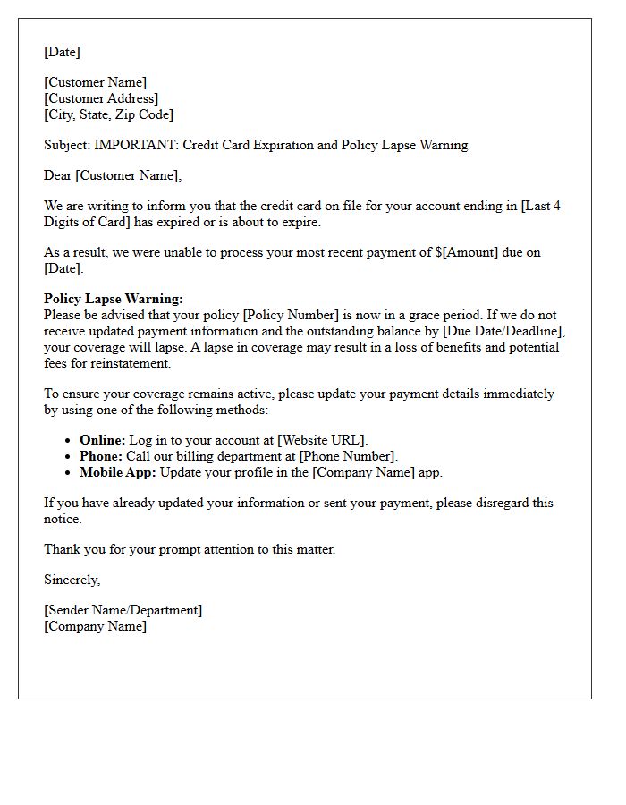 Initial Expired Credit Card Notice and Policy Lapse Warning Letter