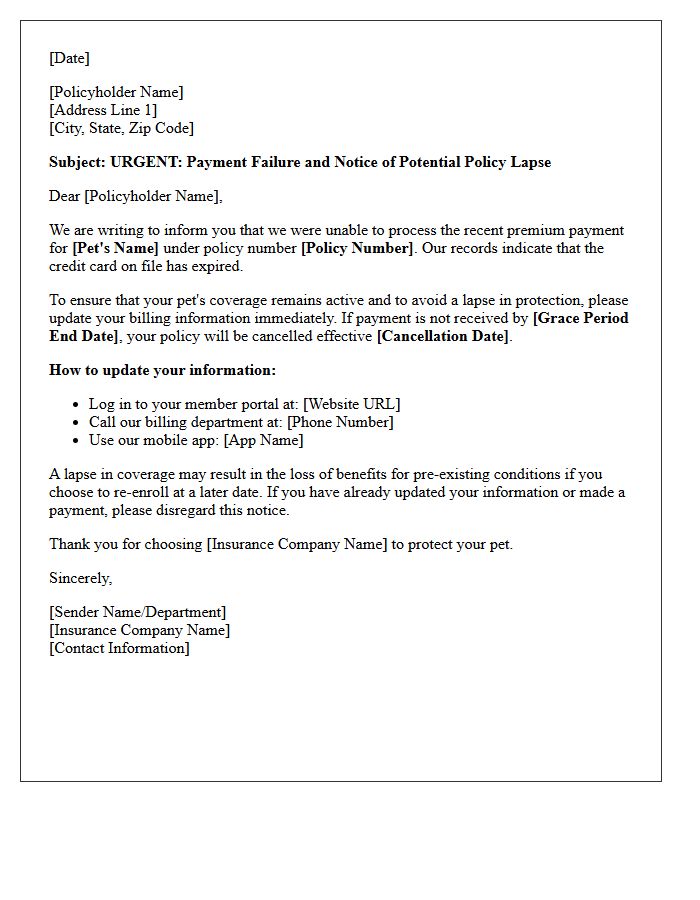 Pet Insurance Payment Lapse Warning Letter for Expired Billing Credit Card