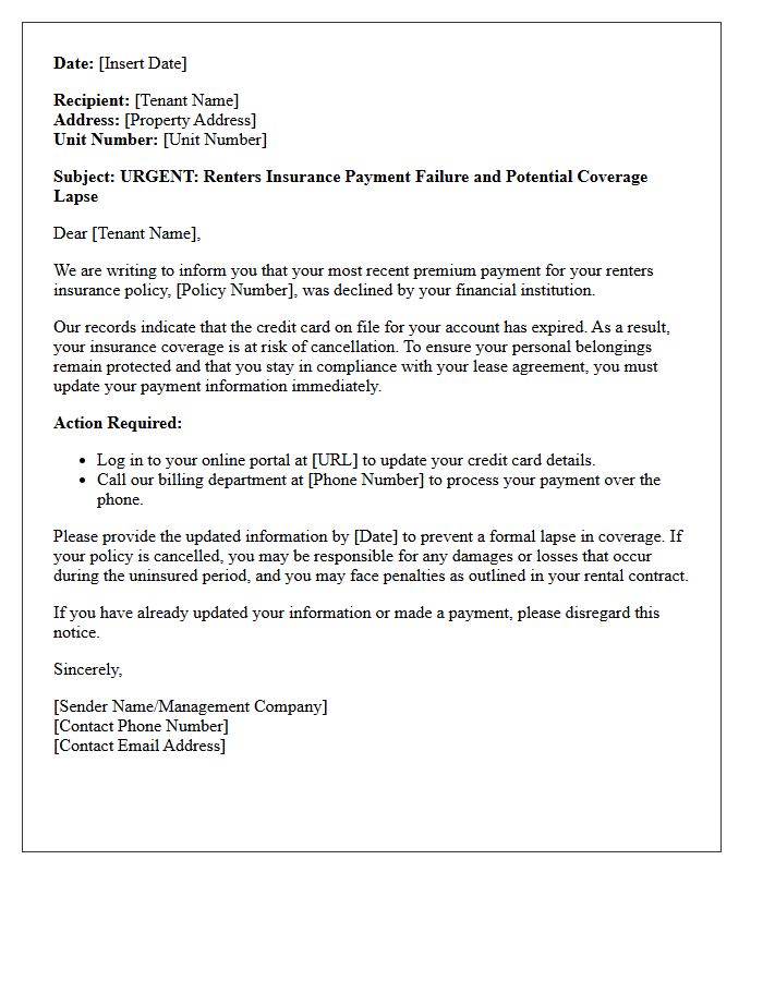 Renters Insurance Coverage Lapse Warning Letter for Expired Credit Card