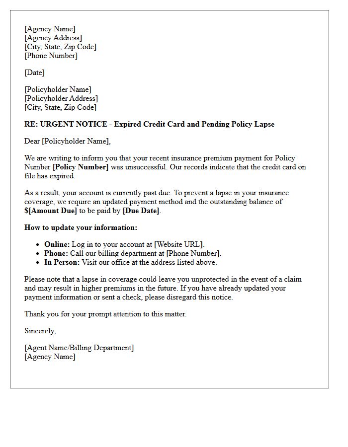 Insurance Agency Expired Credit Card and Payment Lapse Warning Letter