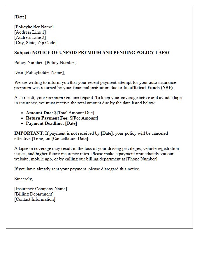 Auto Insurance Insufficient Funds Lapse Warning Letter