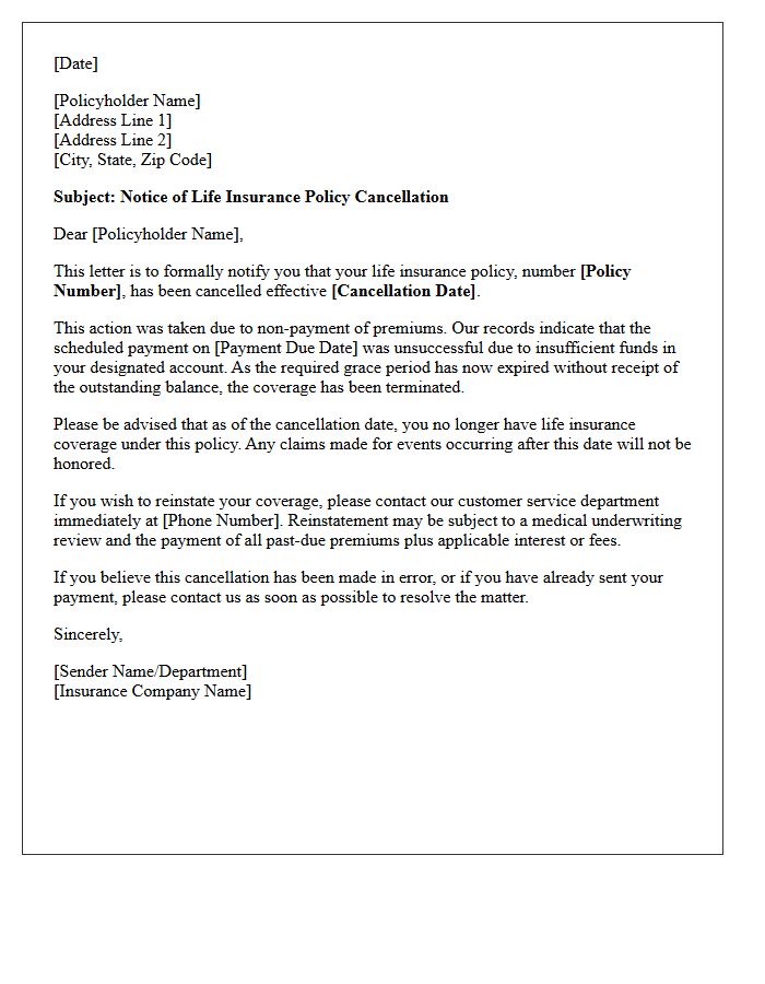 Life Insurance Cancellation Due To Insufficient Funds Letter