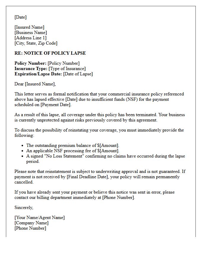 Commercial Policy Lapse For Insufficient Funds Letter