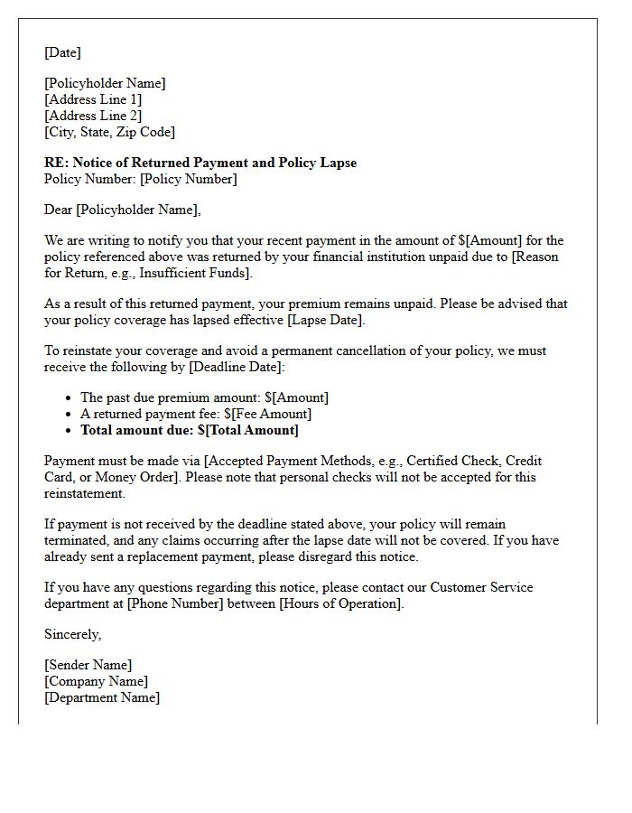 Notice Of Returned Payment And Policy Lapse Letter