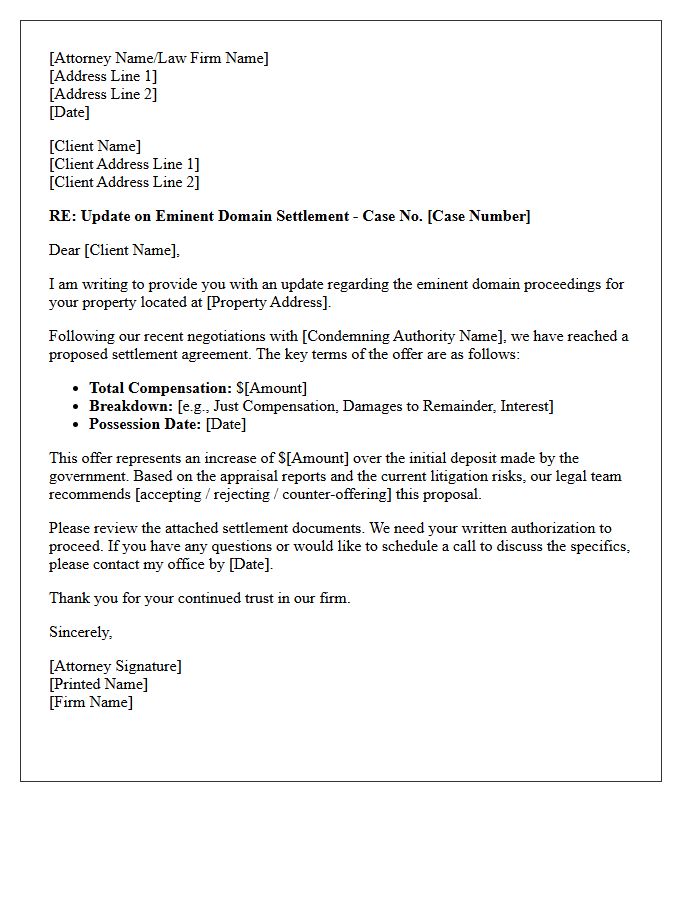 Client Update on Eminent Domain Settlement Letter