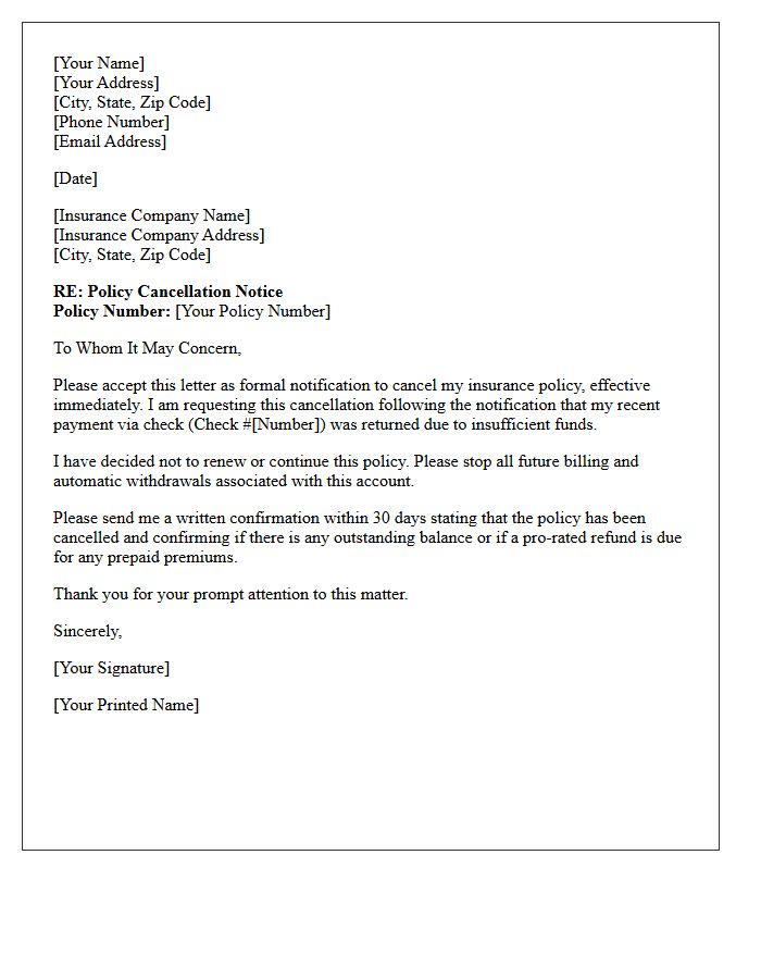 Bounced Check Insurance Policy Cancellation Letter