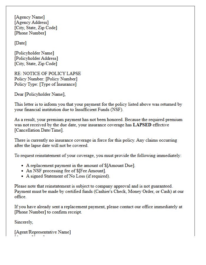 Agency Direct Bill Insufficient Funds Lapse Letter