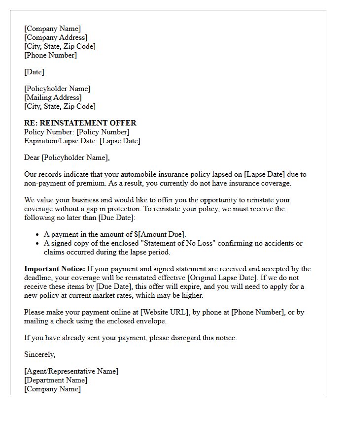 Standard Auto Policy Post-Lapse Reinstatement Offer Letter