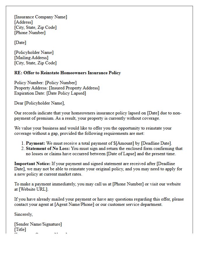 Homeowners Coverage Post-Lapse Reinstatement Offer Letter