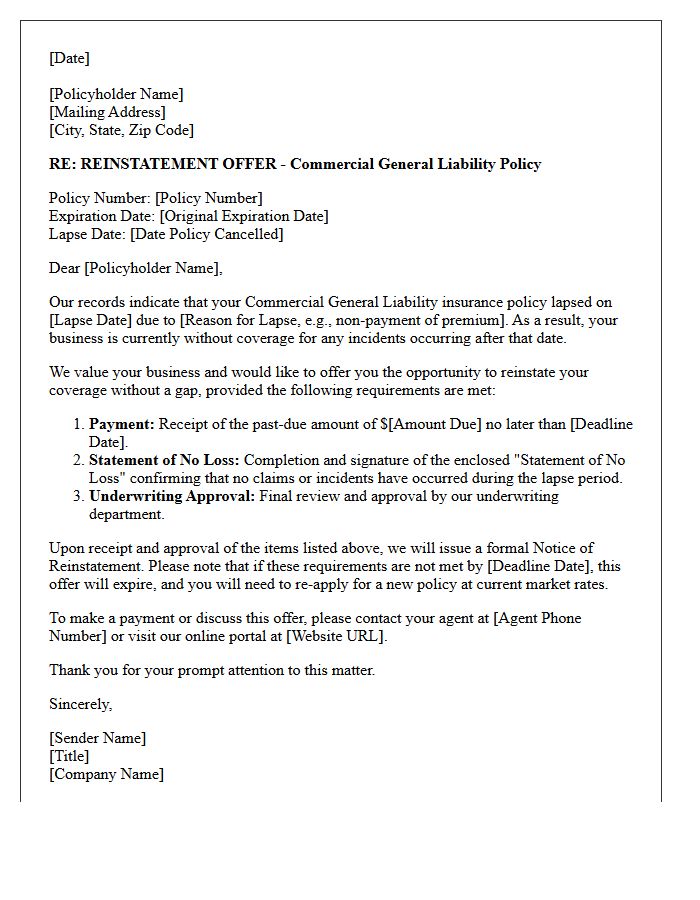 Commercial Liability Post-Lapse Reinstatement Offer Letter