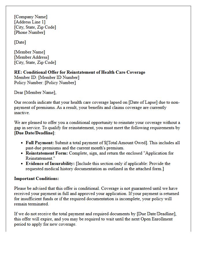 Conditional Health Care Post-Lapse Reinstatement Offer Letter