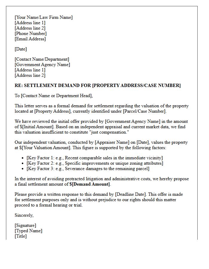 Government Agency Valuation Settlement Demand Letter
