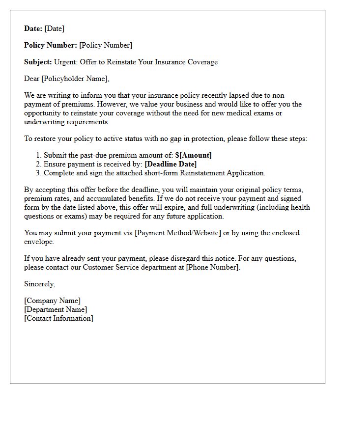 No Underwriting Requirement Post-Lapse Reinstatement Offer Letter