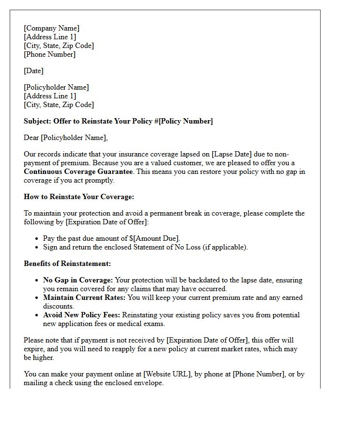 Continuous Coverage Guarantee Post-Lapse Reinstatement Offer Letter