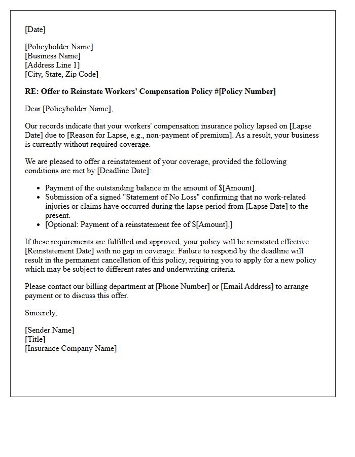 Workers Compensation Post-Lapse Reinstatement Offer Letter