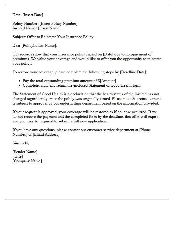 Statement of Good Health Post-Lapse Reinstatement Offer Letter