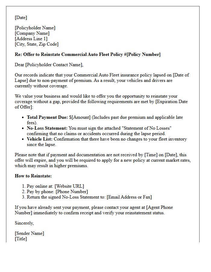 Commercial Auto Fleet Post-Lapse Reinstatement Offer Letter