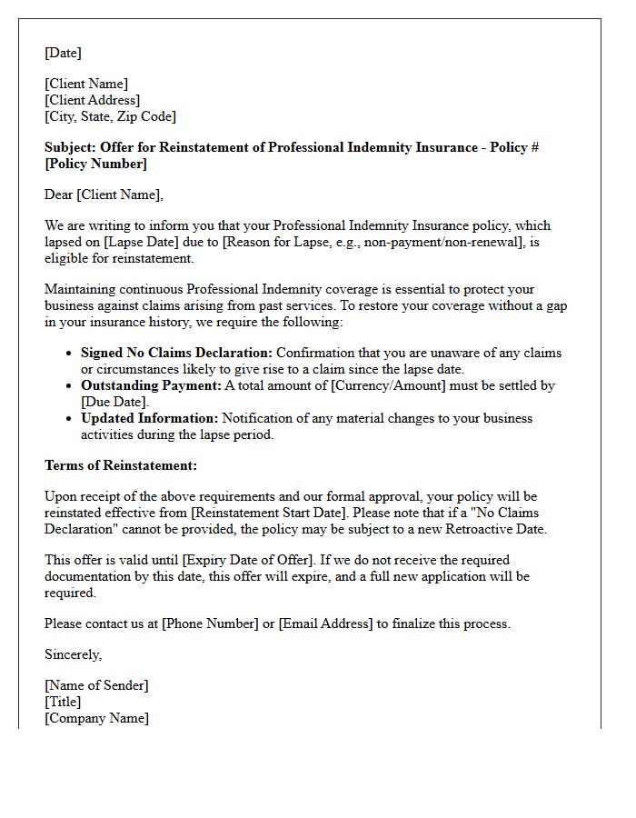 Professional Indemnity Post-Lapse Reinstatement Offer Letter