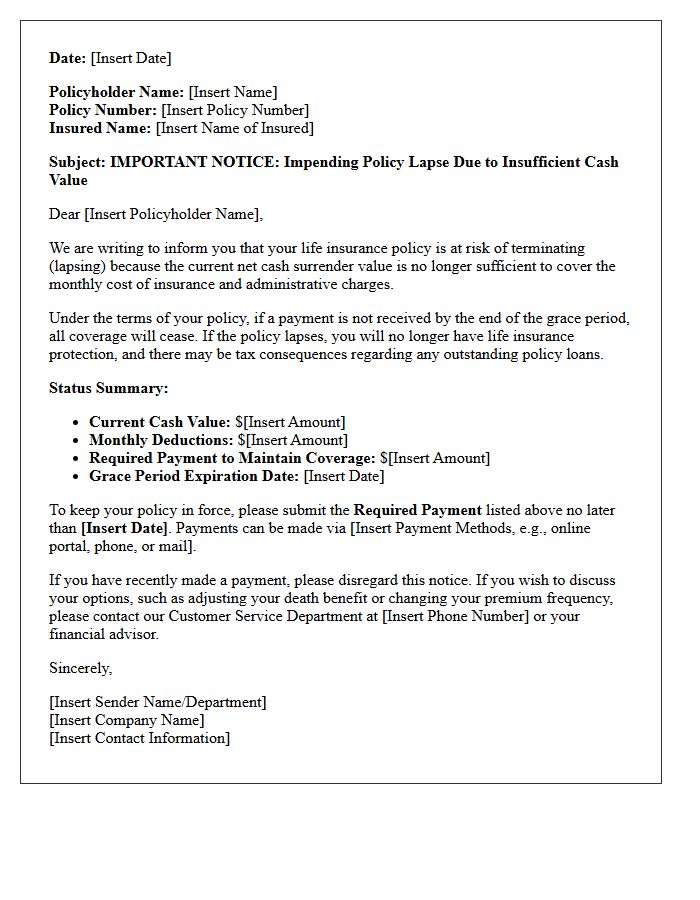 Warning Letter for Impending Policy Lapse Due to Cash Value Depletion