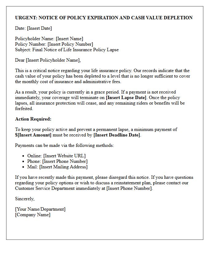 Urgent Letter Regarding Cash Value Depletion and Policy Lapse