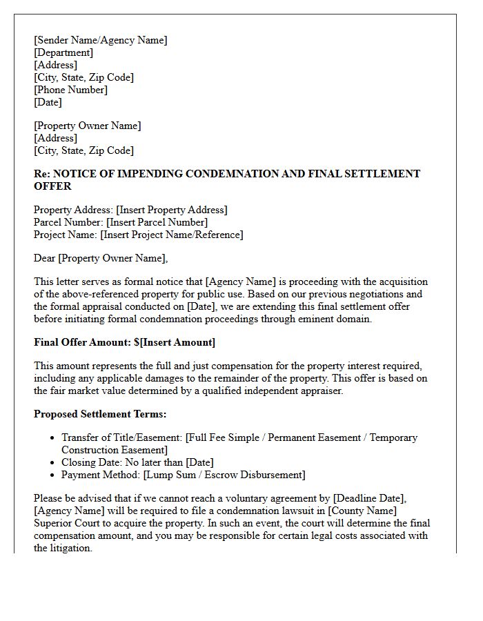 Notice of Impending Condemnation Settlement Letter