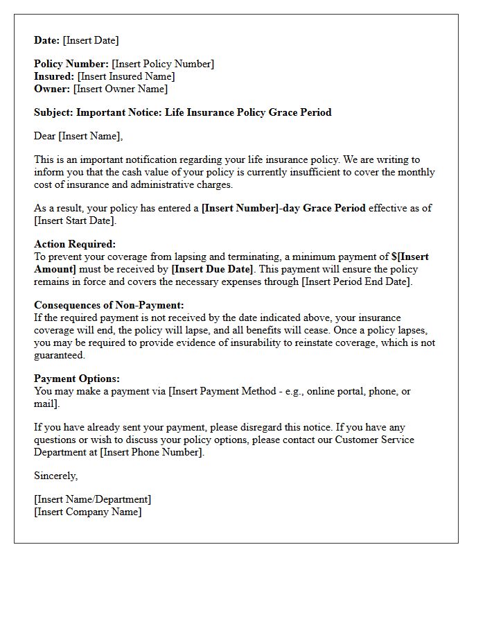Grace Period Notification Letter for Cash Value Depletion