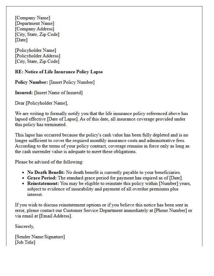 Formal Letter of Coverage Lapse Due to Cash Value Depletion