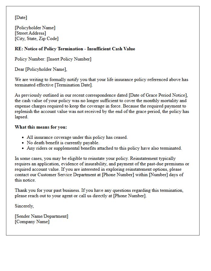 Policy Termination Letter Due to Insufficient Cash Value