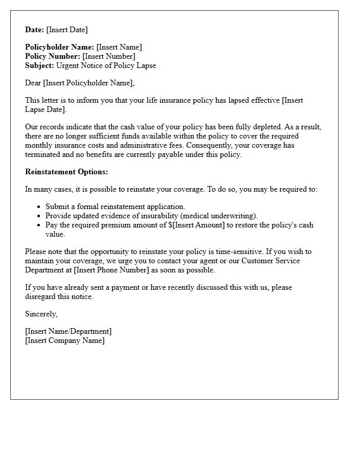Notice Letter of Policy Lapse From Cash Value Depletion