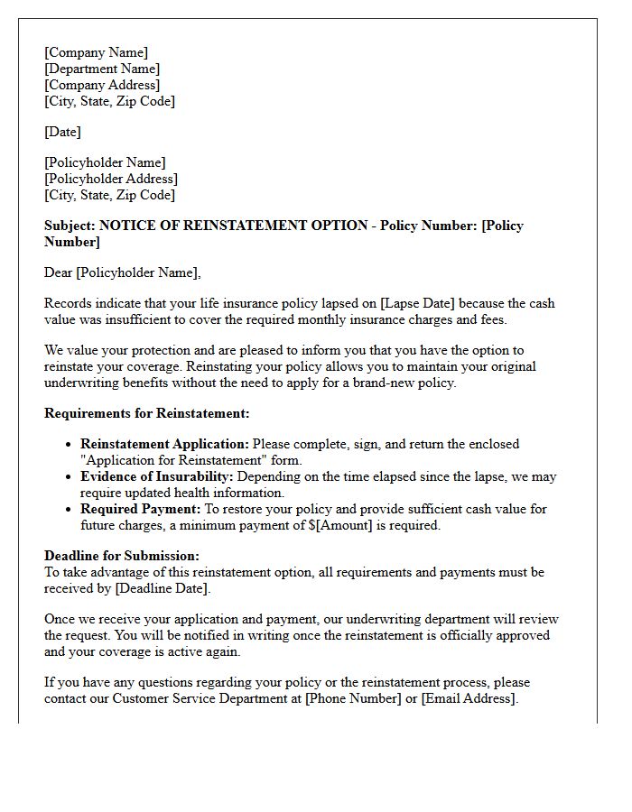 Reinstatement Option Letter Following Cash Value Depletion Lapse