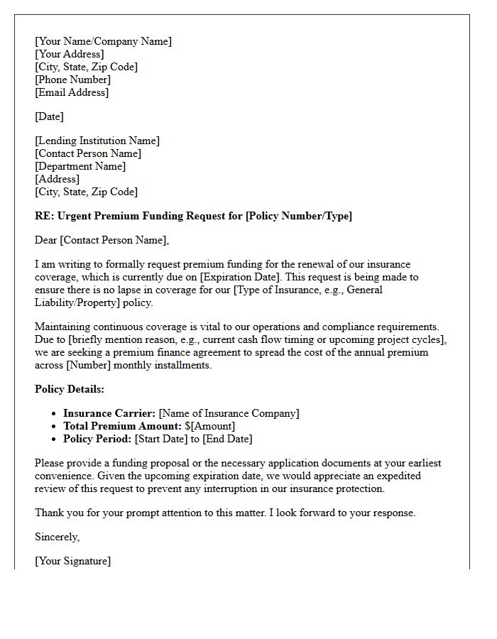 Premium Funding Request Letter to Prevent Coverage Lapse