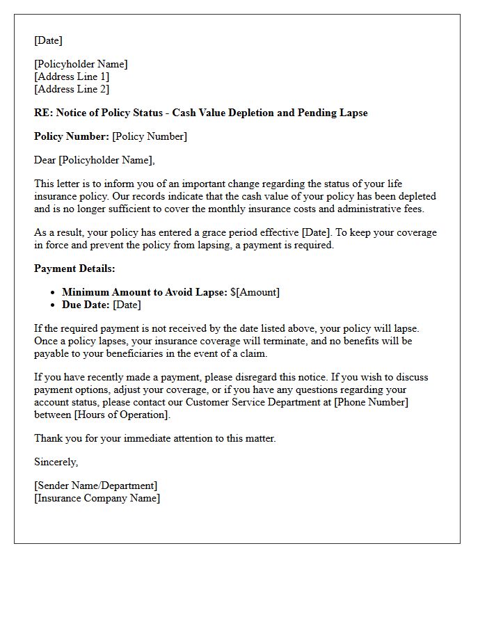 Account Status Letter Detailing Cash Value Depletion and Lapse