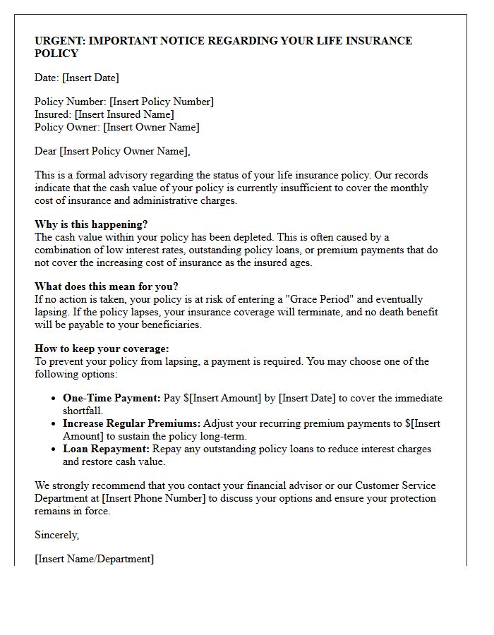 Policyholder Advisory Letter on Cash Value Depletion Lapse